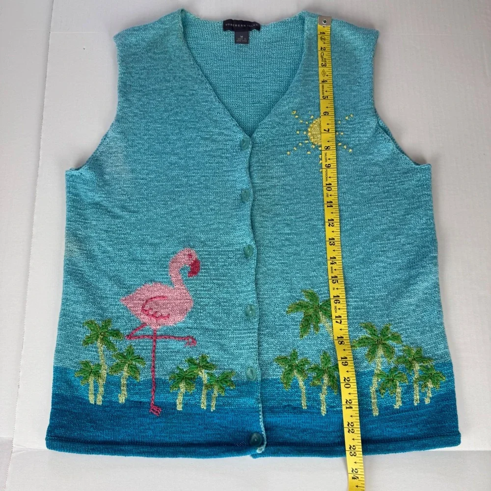 Northern Isles Flamingo Palm Tree Tropical Knit Sweater Vest Blue Womens Medium